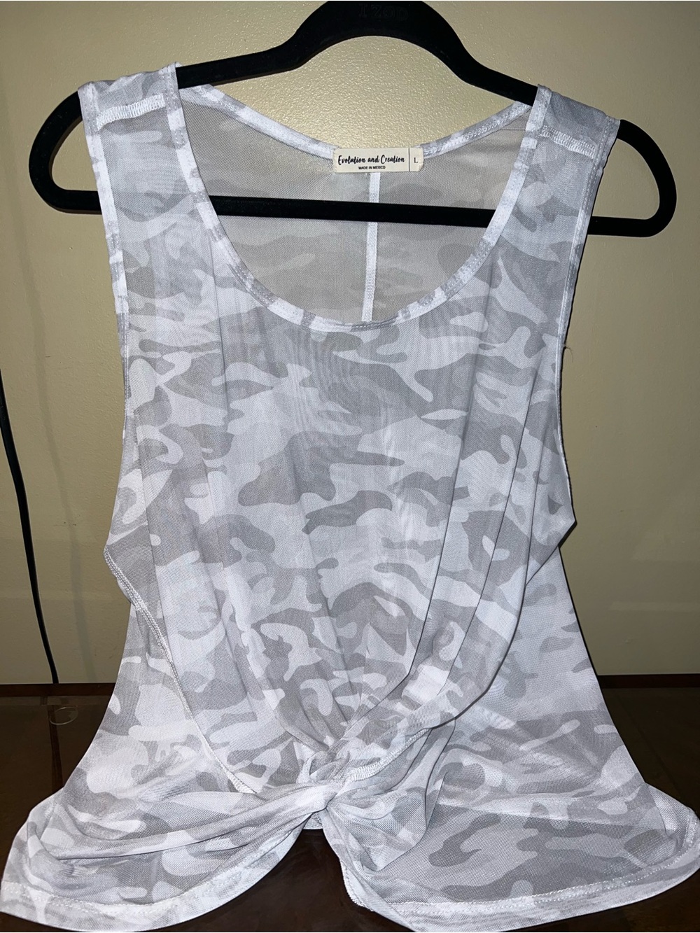 Mesh White Gray Camo Knot Front Cropped Tank Top